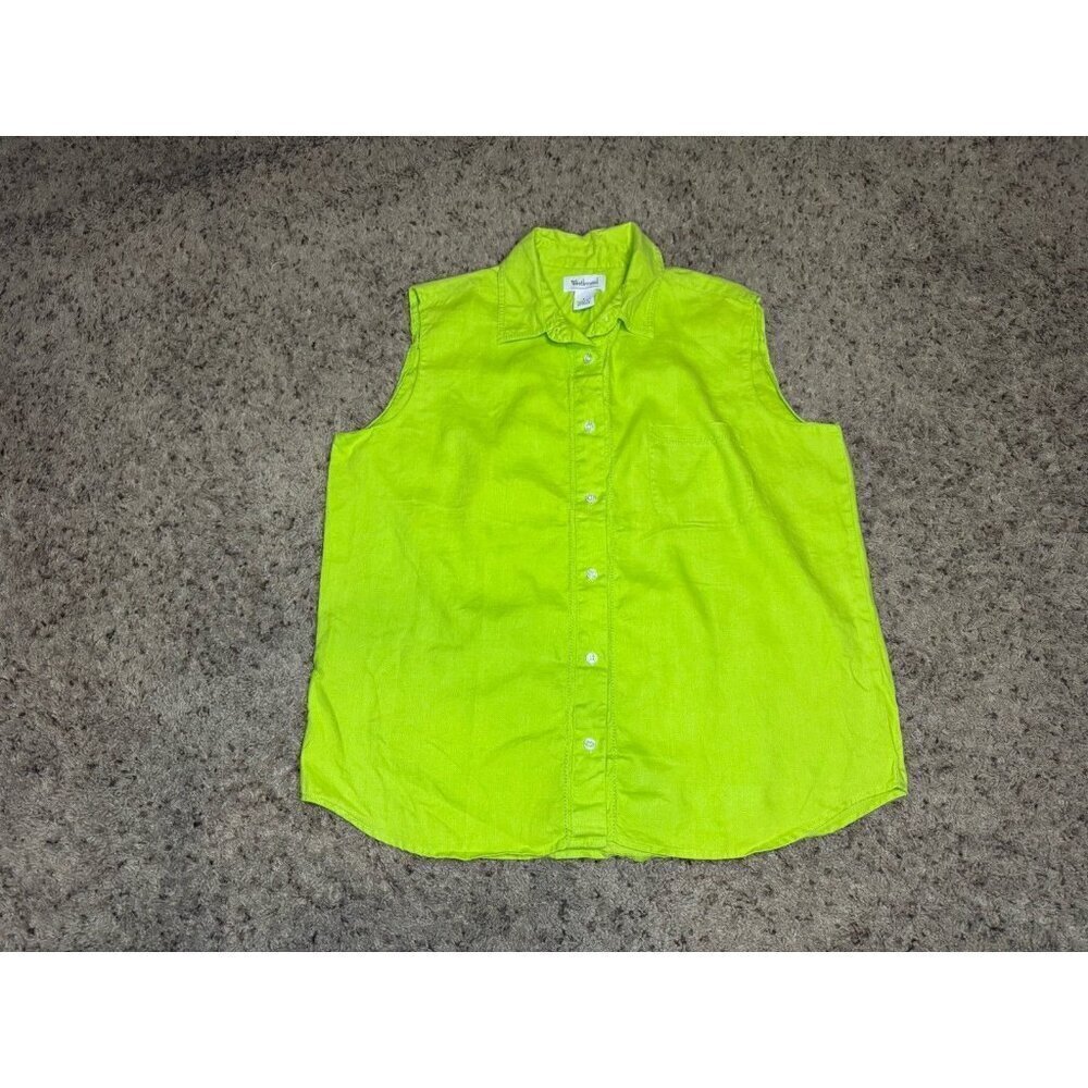WESTBOUND Green 100% Linen Green Button Front Sleeveless Shirt Top LARGE READ